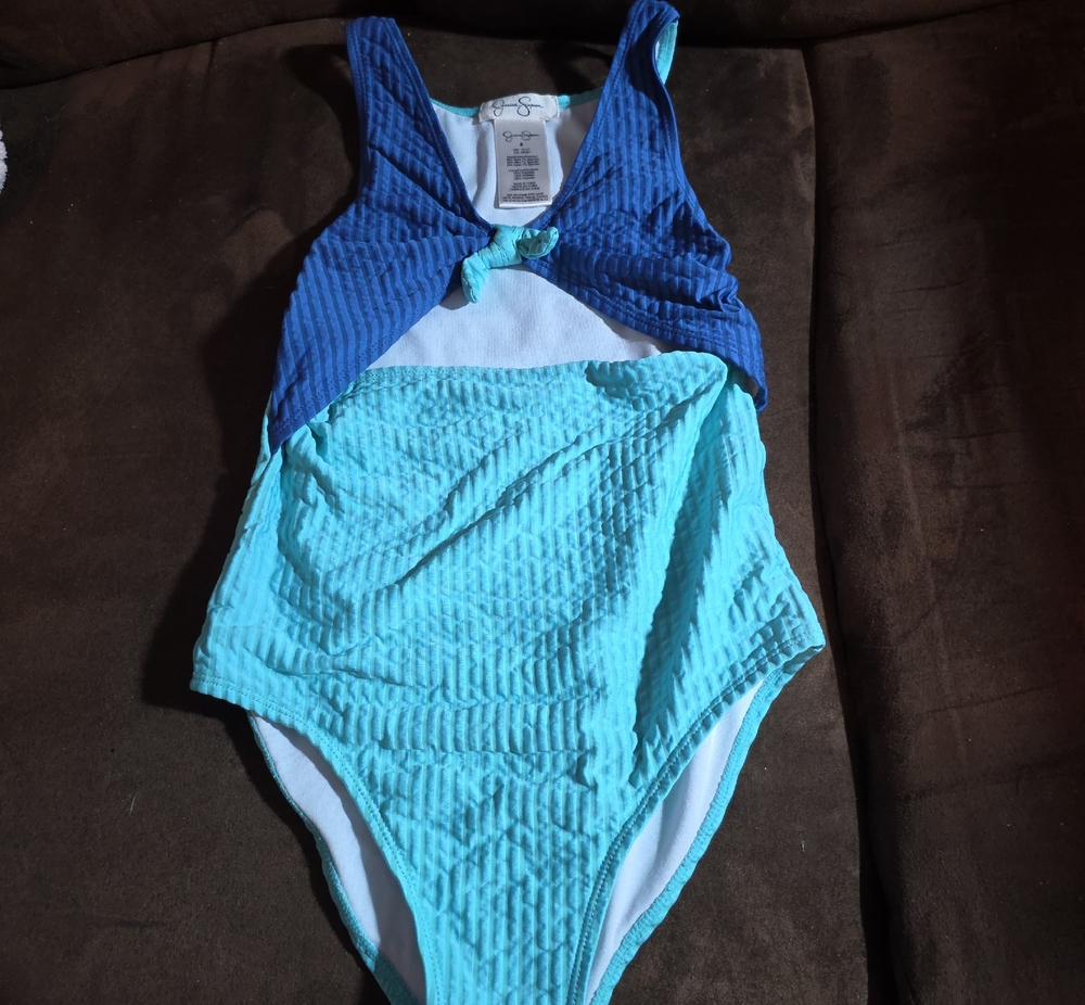 Girls Two-Tone Blue Textured One-Piece Swimsuit